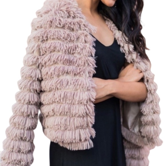 Blue Blush Jackets & Blazers - Faux fur taupe layered shaggy fringe coat
